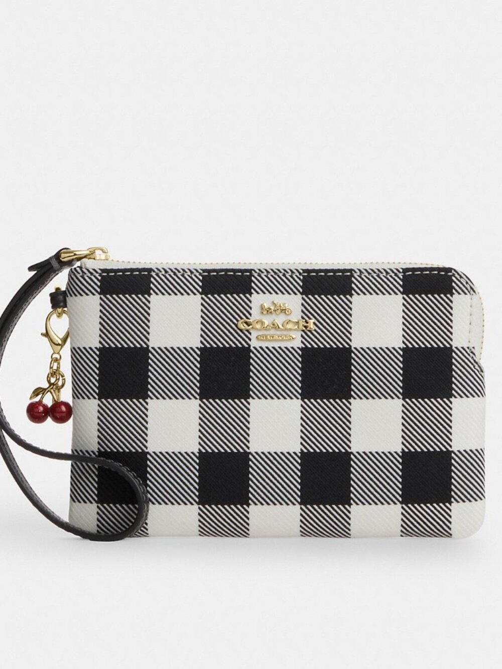 Coach Corner Zip Wristlet With Gingham Print And Charm
